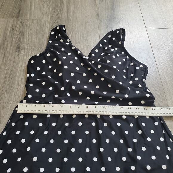 Lands End Baiting Suit One Piece Large Black Polka Dot Modest Skirted V Neck - Picture 5 of 8